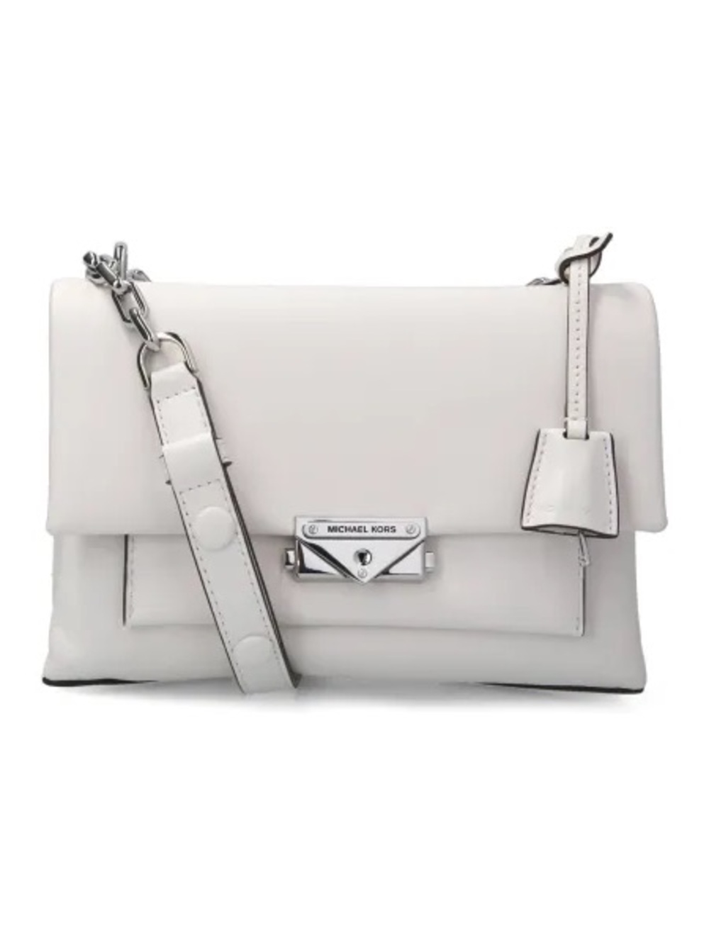 MK Cece Large Cream Leather Shoulder Bag with Silver Chain